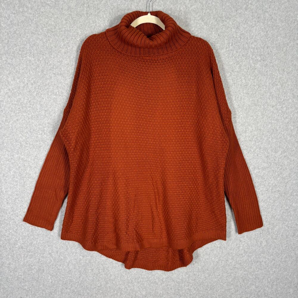 Waffle Knit Poncho Sweater Medium Rust Burnt Cowl Neck Slouchy Comfy Lounge Thin